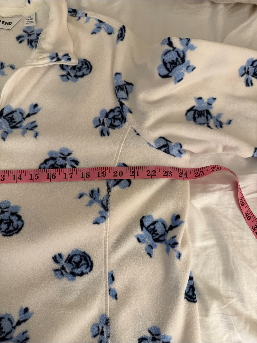 Lands' End White Fleece quarter zip Pullover with Blue Floral Print - Picture 4 of 5